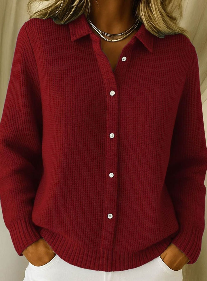 Women's Knitted Button-Up Cardigan Collared Long-Sleeve Jumper - Red