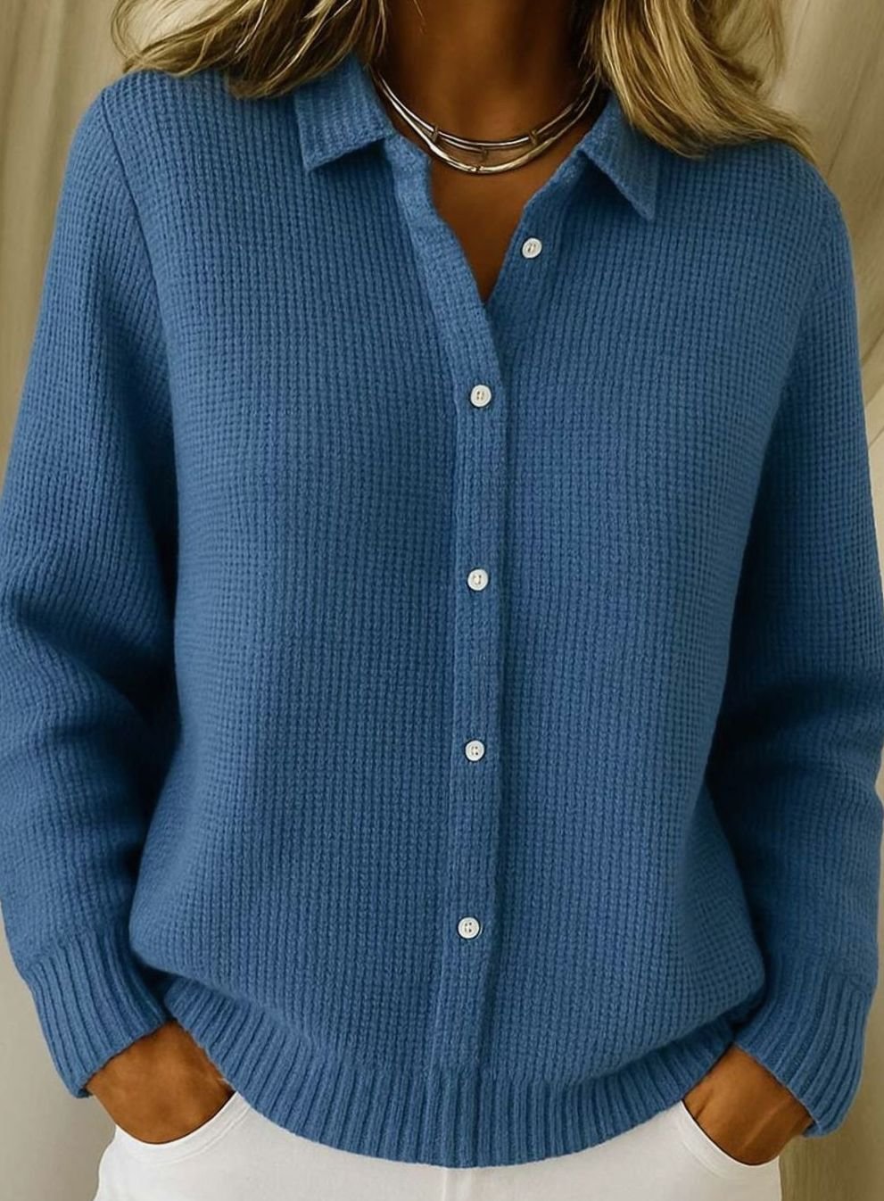 Women's Knitted Button-Up Cardigan Collared Long-Sleeve Jumper - Navy Blue