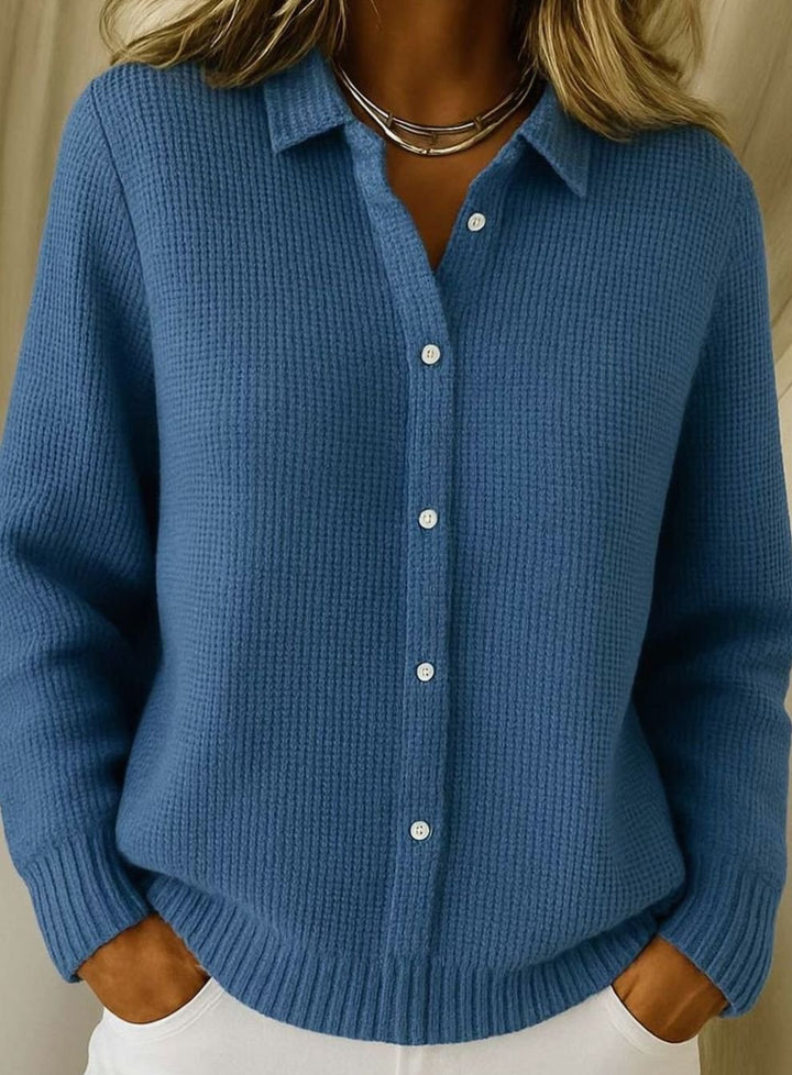 Women's Knitted Button-Up Cardigan Collared Long-Sleeve Jumper - Navy Blue