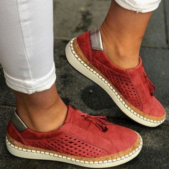 Women's Knitted Slip-On Trainers Breathable Tassel Loafers - Red