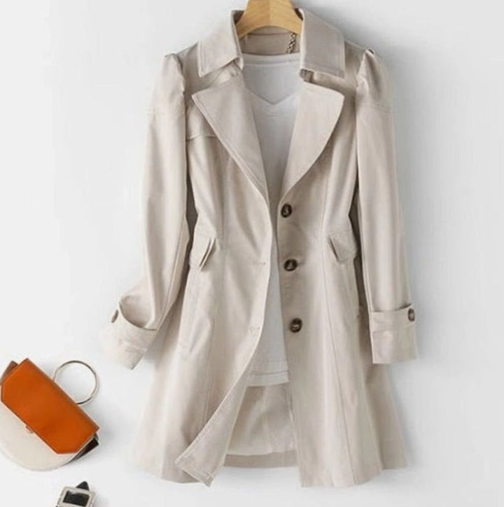 Women's Korean-Style Belted Lapel Trench Coat - Cream White