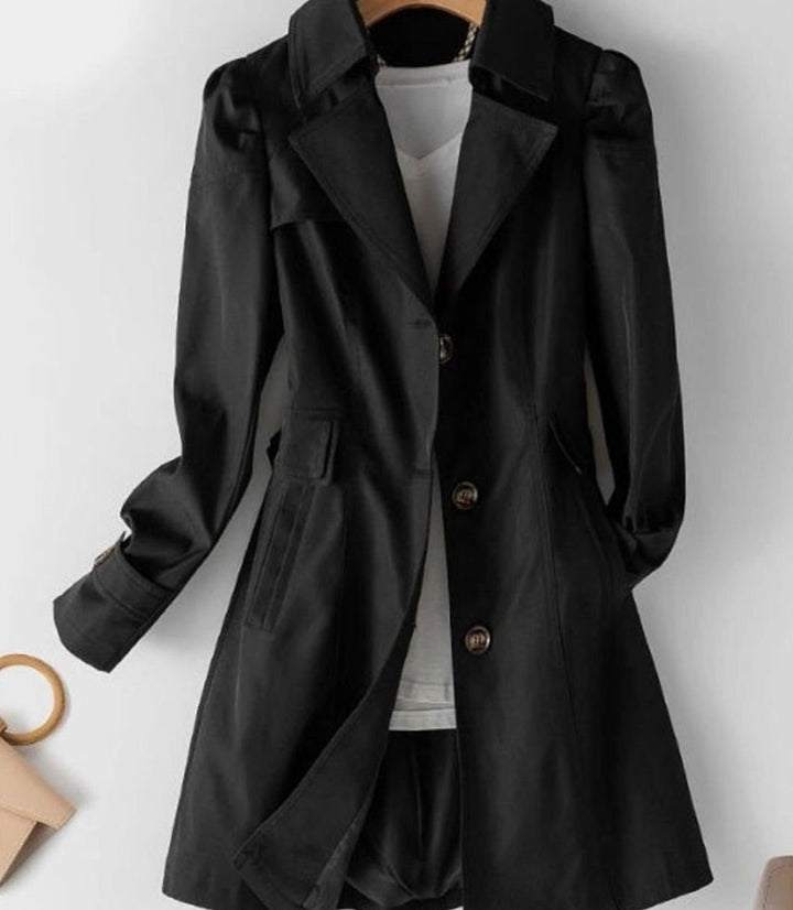 Women's Korean-Style Belted Lapel Trench Coat - Black