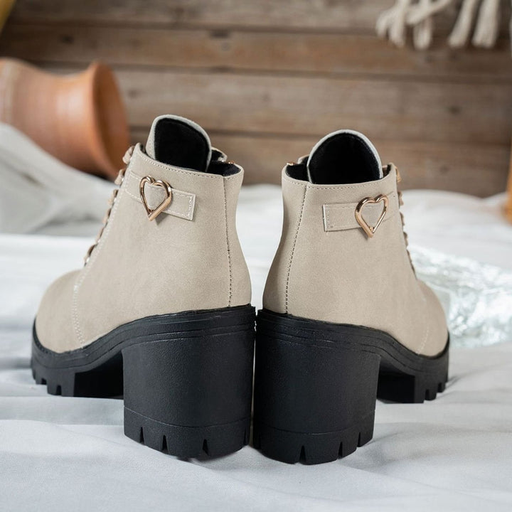 Women's Lace-Up Block Heel Ankle Boots Gold Heart Buckle