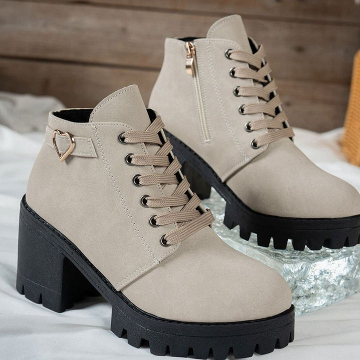 Women's Lace-Up Block Heel Ankle Boots Gold Heart Buckle