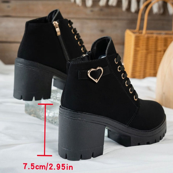 Women's Lace-Up Block Heel Ankle Boots Gold Heart Buckle