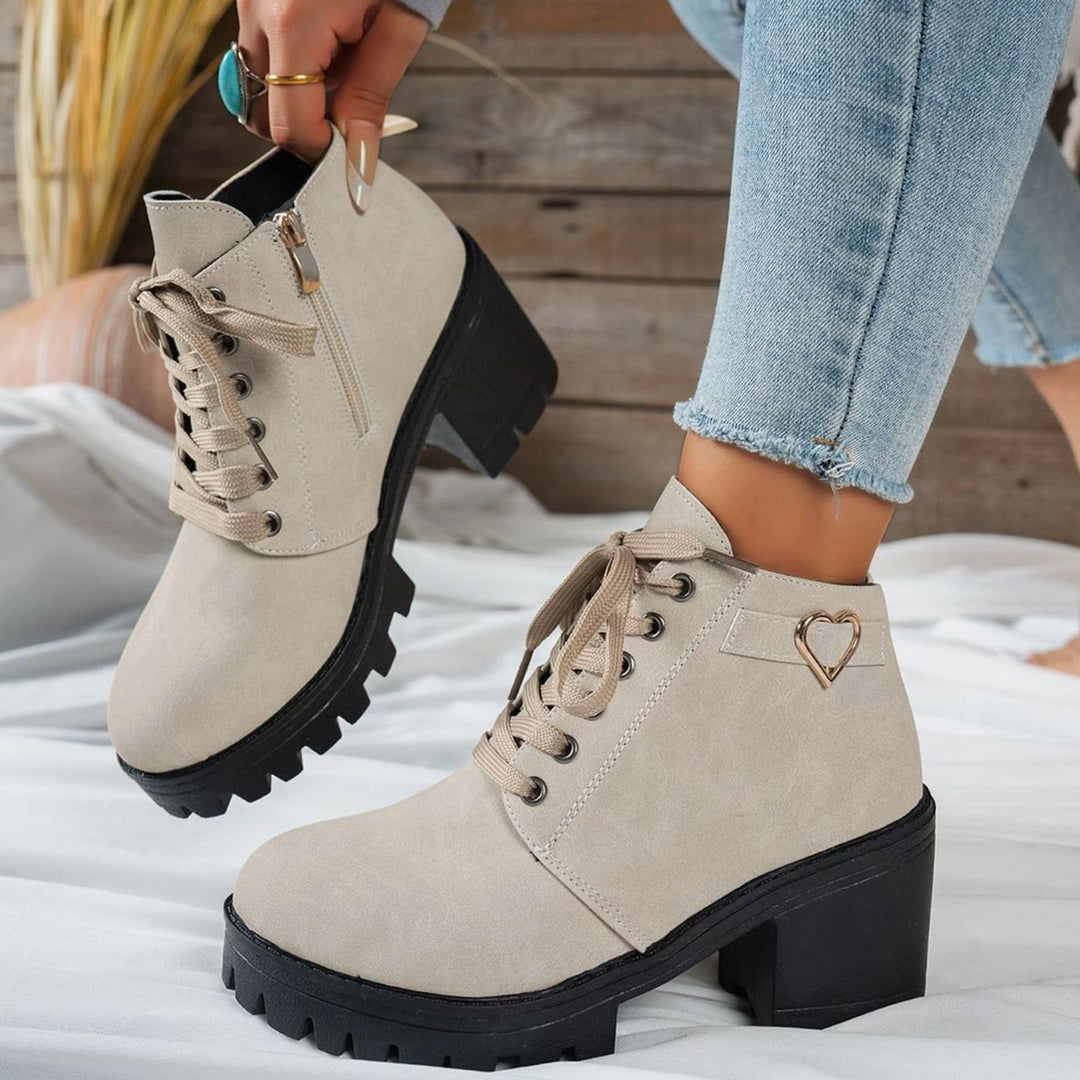 Women's Lace-Up Block Heel Ankle Boots Gold Heart Buckle - Beige