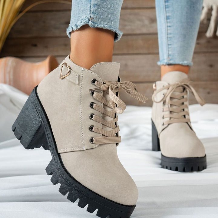 Women's Lace-Up Block Heel Ankle Boots Gold Heart Buckle