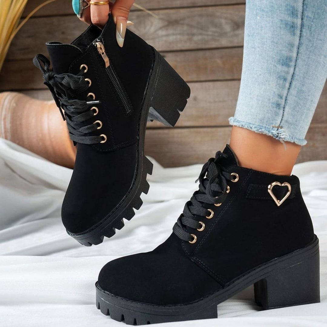 Women's Lace-Up Block Heel Ankle Boots Gold Heart Buckle - Black