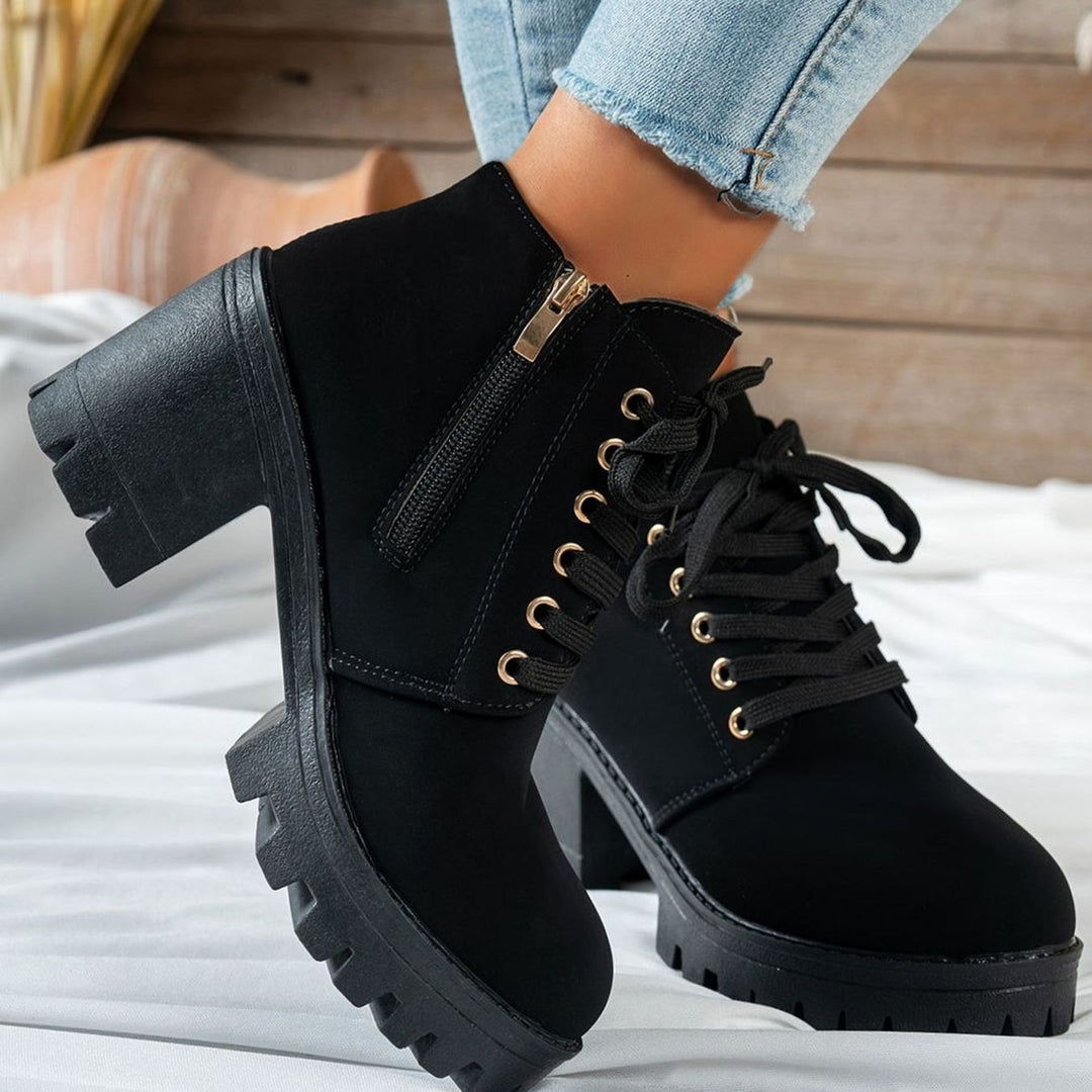 Women's Lace-Up Block Heel Ankle Boots Gold Heart Buckle