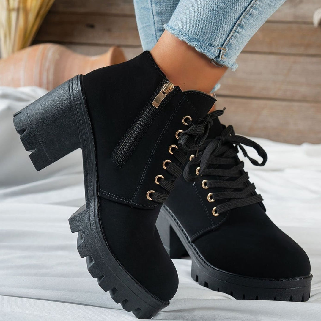 Women's Lace-Up Block Heel Ankle Boots Gold Heart Buckle