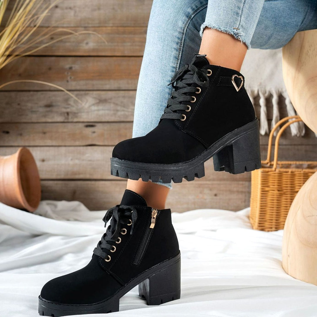Women's Lace-Up Block Heel Ankle Boots Gold Heart Buckle