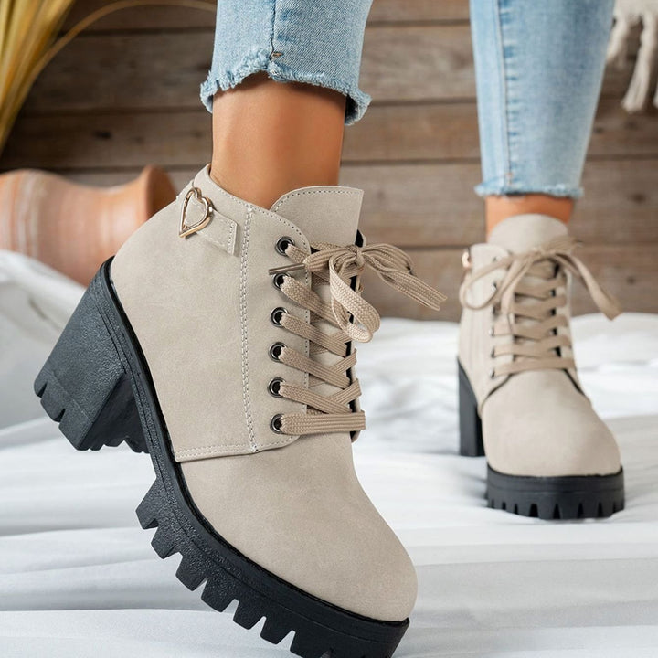 Women's Lace-Up Block Heel Ankle Boots Gold Heart Buckle