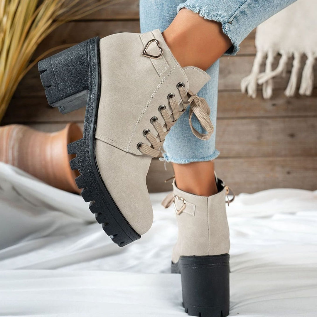 Women's Lace-Up Block Heel Ankle Boots Gold Heart Buckle