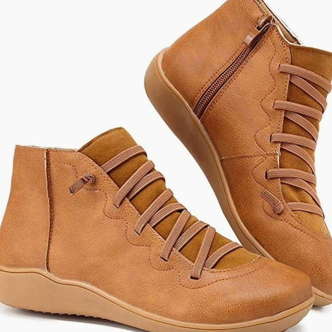 Women's Lace-Up Side-Zip Flat Ankle Boots - Brown