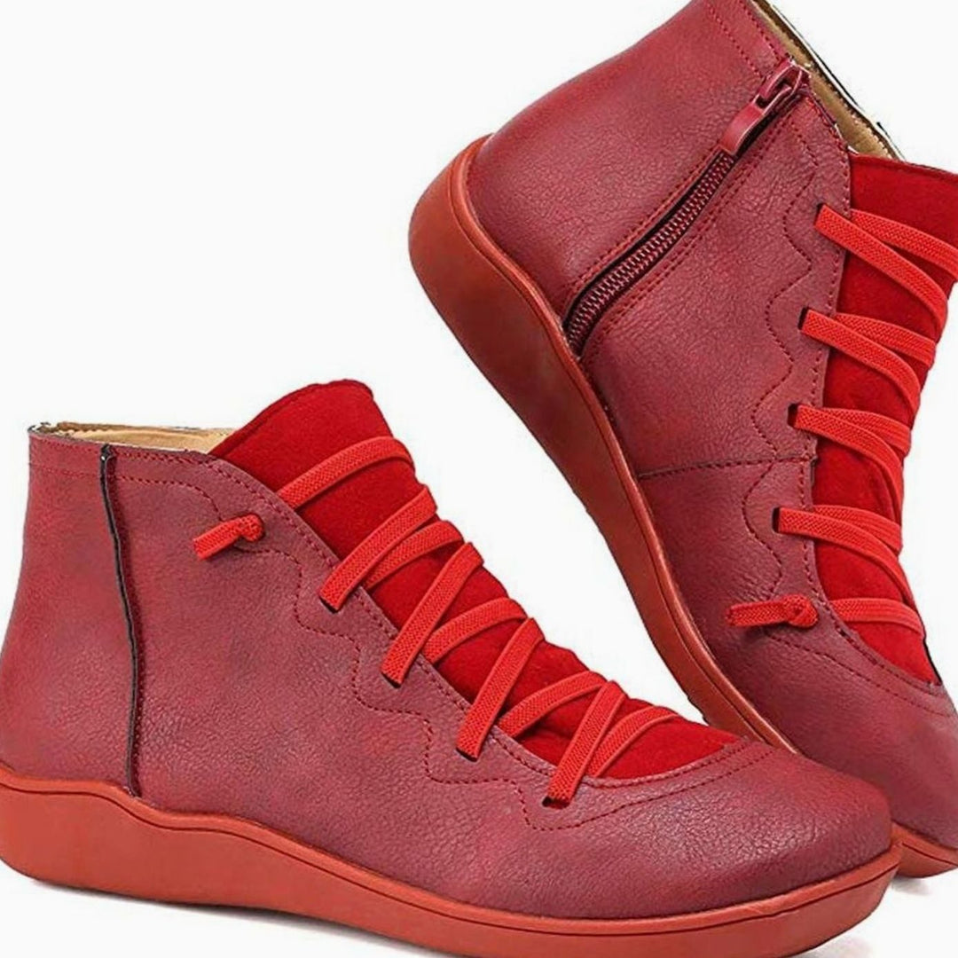 Women's Lace-Up Side-Zip Flat Ankle Boots - Red