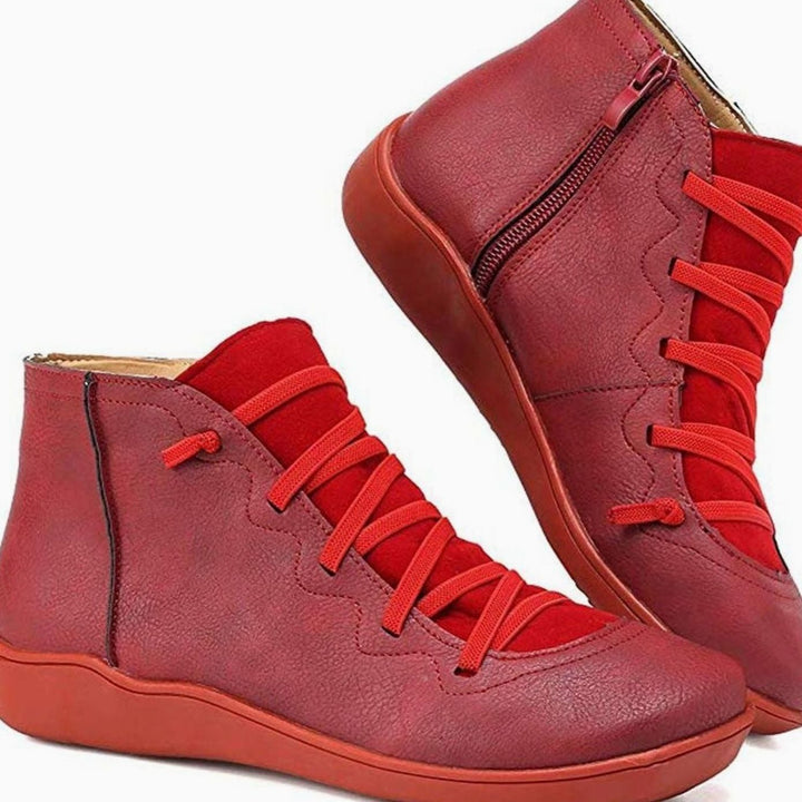 Women's Lace-Up Side-Zip Flat Ankle Boots - Red