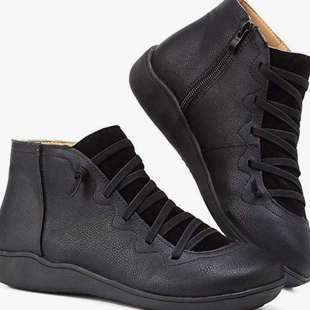 Women's Lace-Up Side-Zip Flat Ankle Boots - Black