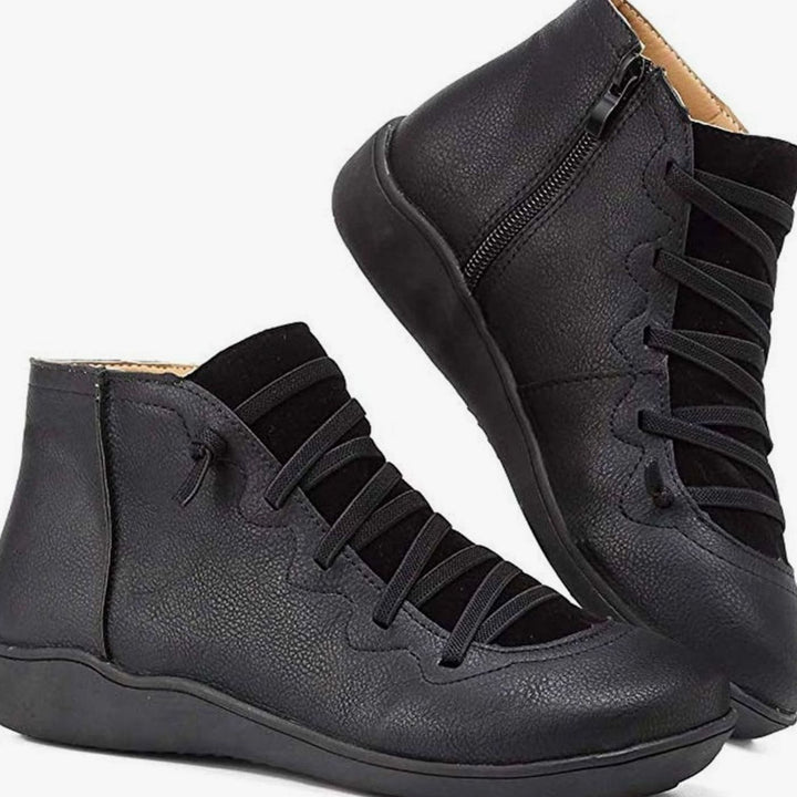 Women's Lace-Up Side-Zip Flat Ankle Boots - Black
