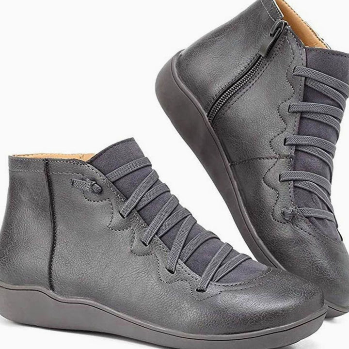 Women's Lace-Up Side-Zip Flat Ankle Boots - Grey