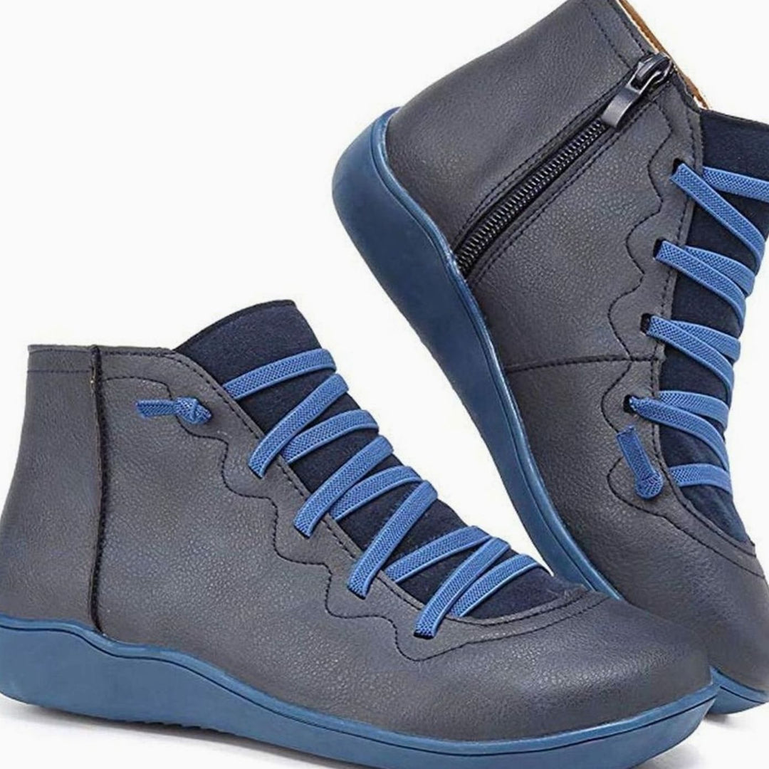 Women's Lace-Up Side-Zip Flat Ankle Boots - Blue