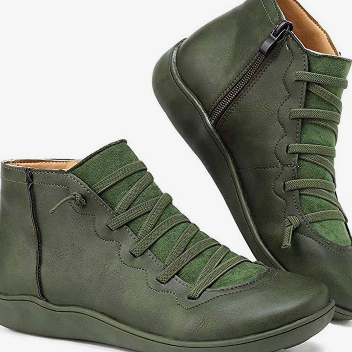 Women's Lace-Up Side-Zip Flat Ankle Boots - Green