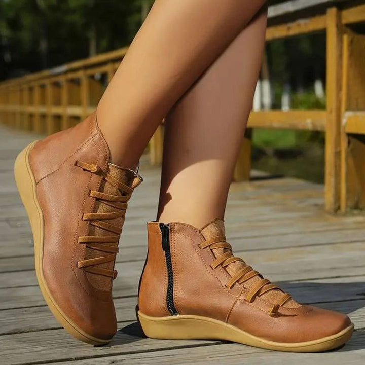 Women's Lace-Up Side-Zip Flat Ankle Boots