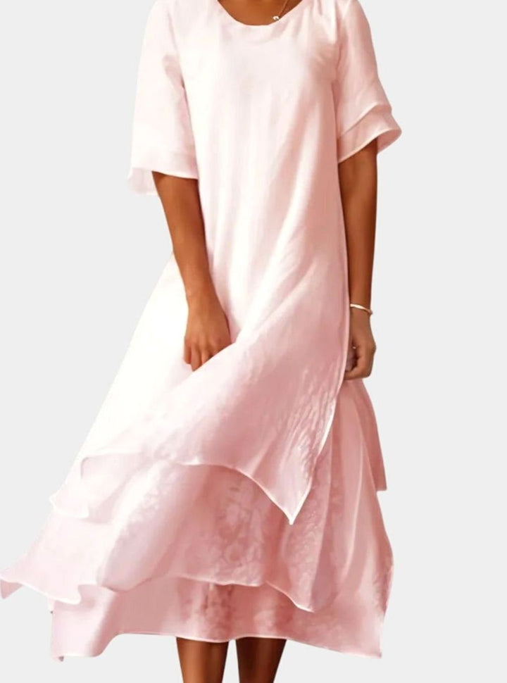 Women's Layered Hem Midi Dress Round Neck Short Sleeve - Pink