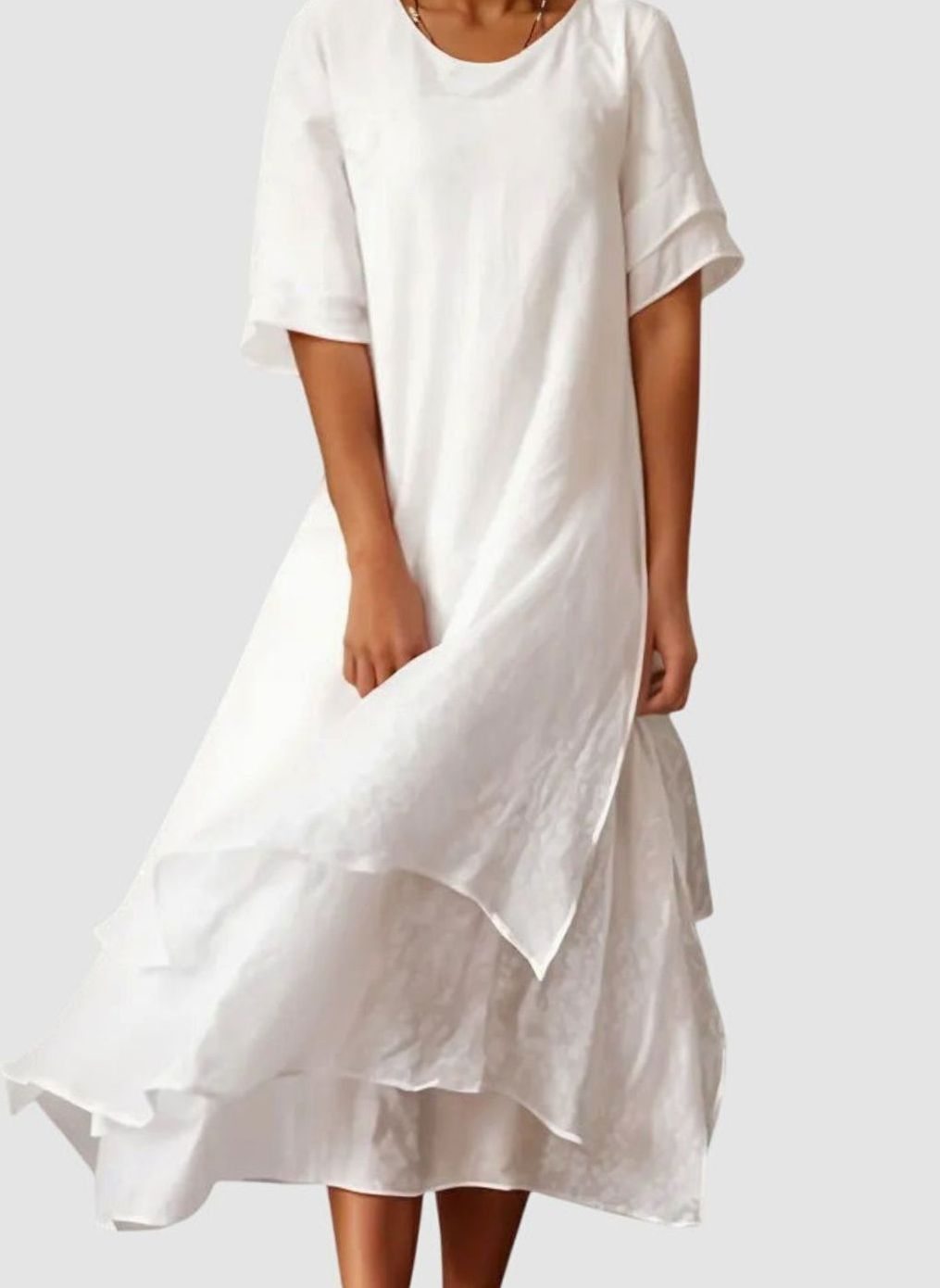 Women's Layered Hem Midi Dress Round Neck Short Sleeve - White