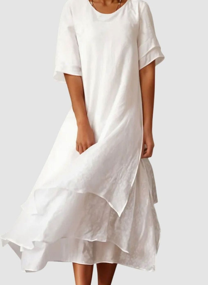 Women's Layered Hem Midi Dress Round Neck Short Sleeve - White