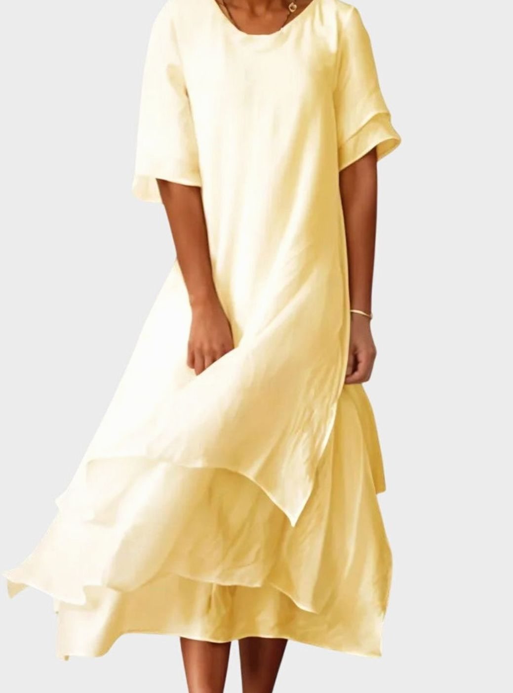Women's Layered Hem Midi Dress Round Neck Short Sleeve - Yellow