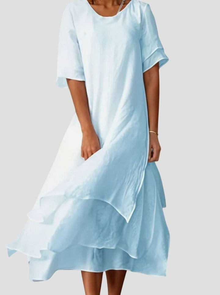 Women's Layered Hem Midi Dress Round Neck Short Sleeve - Blue