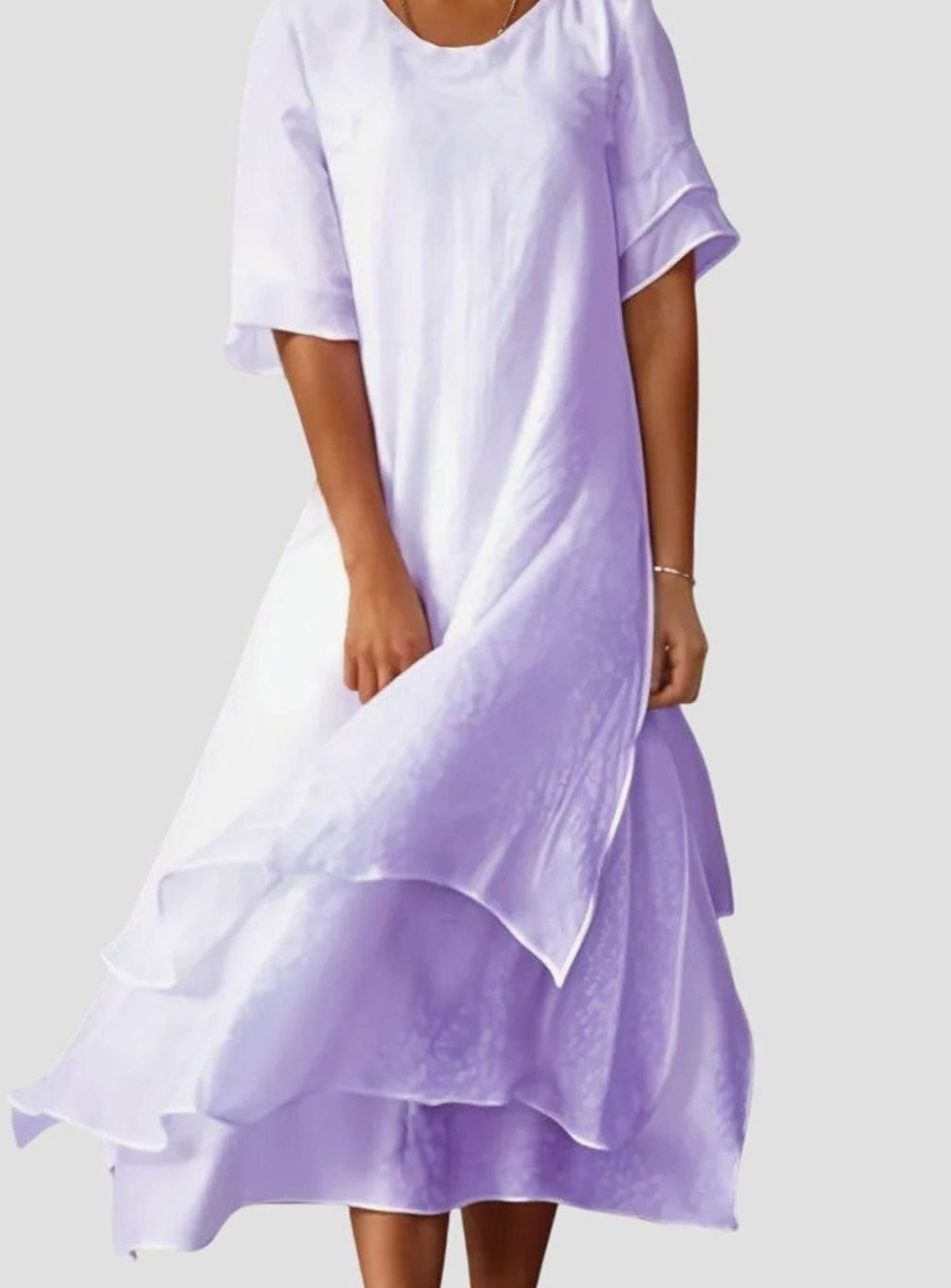 Women's Layered Hem Midi Dress Round Neck Short Sleeve - Purple
