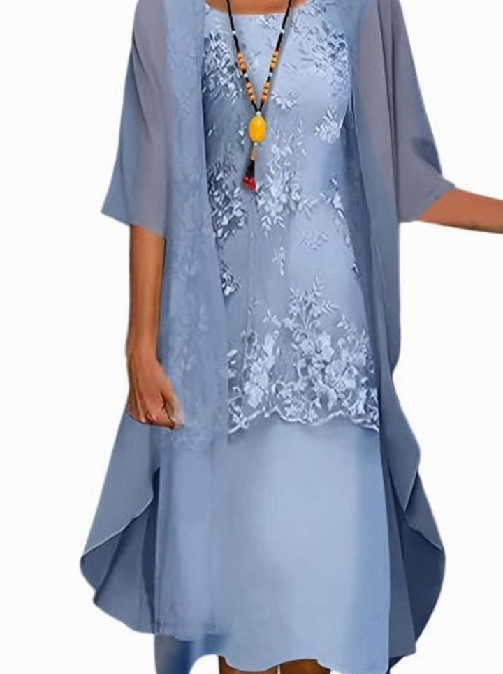 Women's Layered Lace Sheer-Sleeve Midi Wedding Guest Dress - Blue