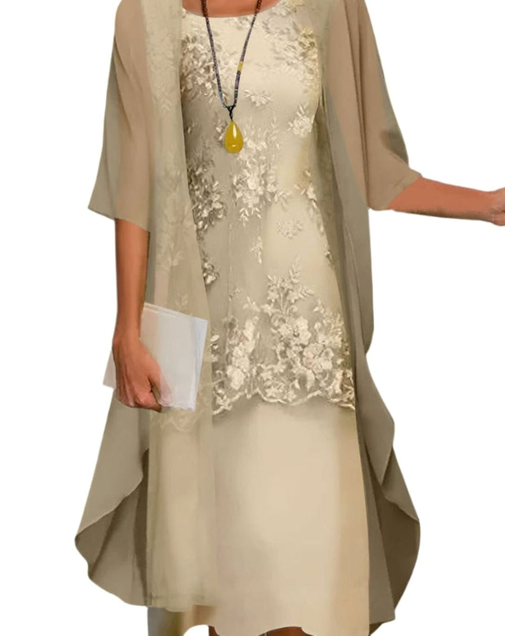 Women's Layered Lace Sheer-Sleeve Midi Wedding Guest Dress - Yellow