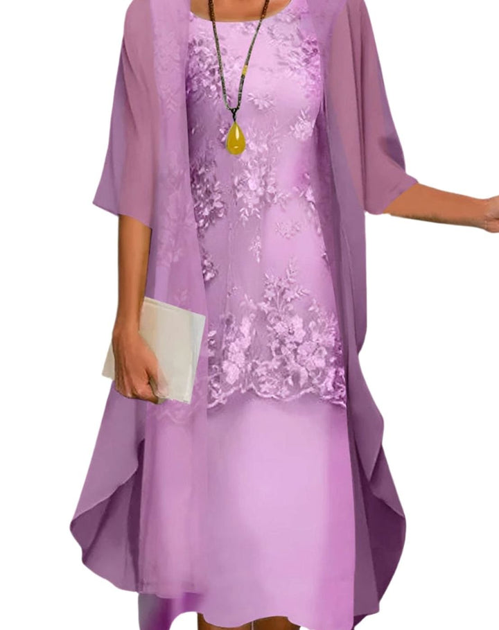 Women's Layered Lace Sheer-Sleeve Midi Wedding Guest Dress - Purple