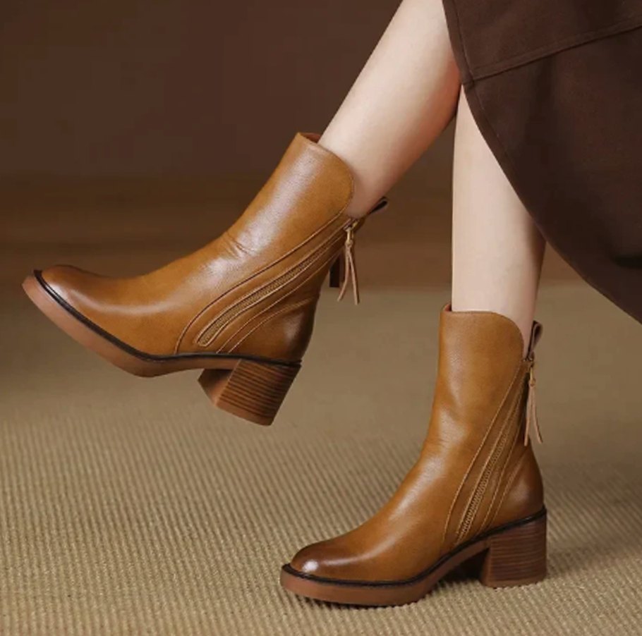 Women's Leather Block-Heel Side-Zip Ankle Boots - Brown