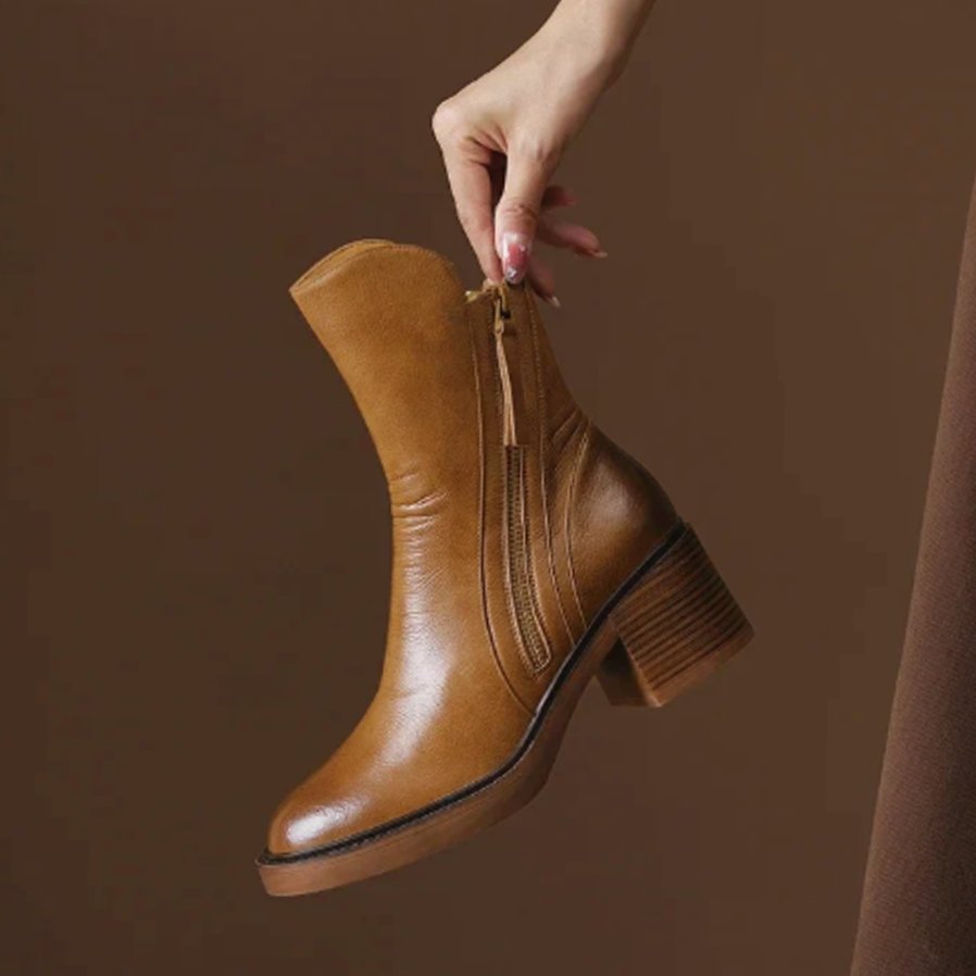 Women's Leather Block-Heel Side-Zip Ankle Boots
