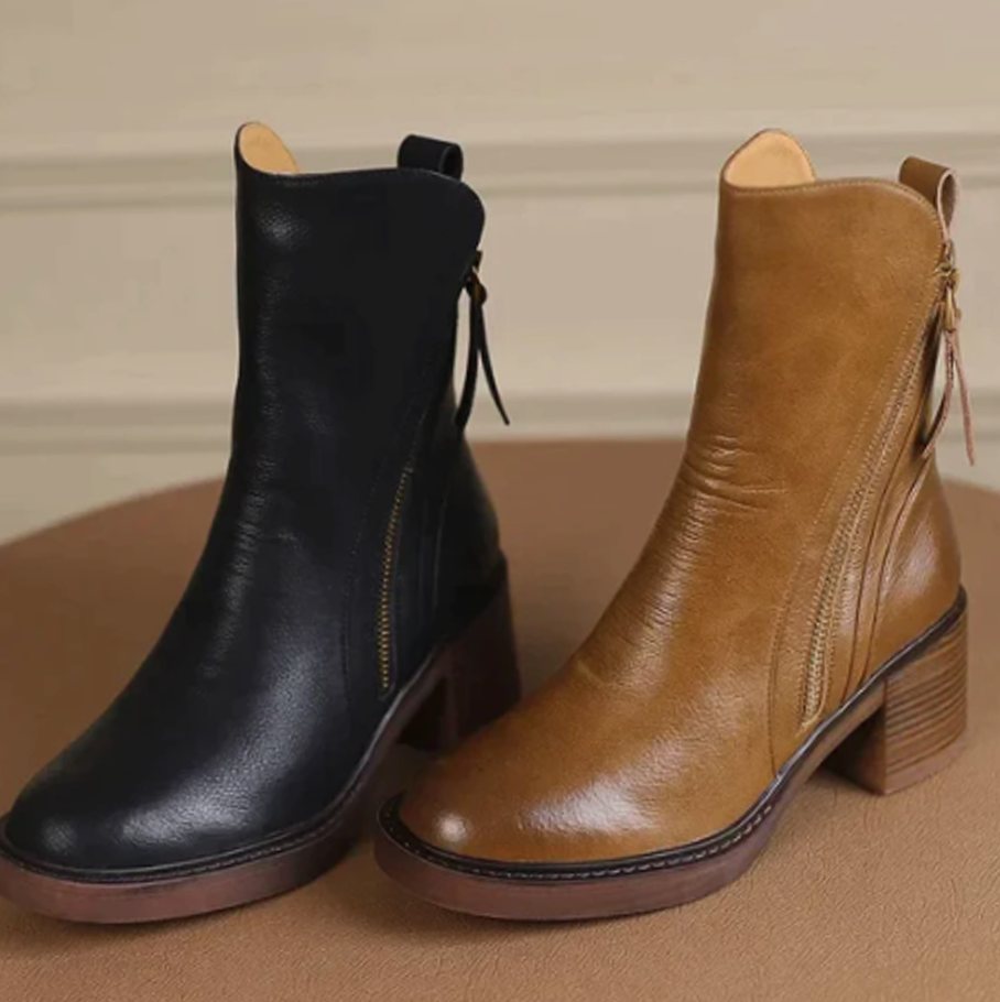 Women's Leather Block-Heel Side-Zip Ankle Boots