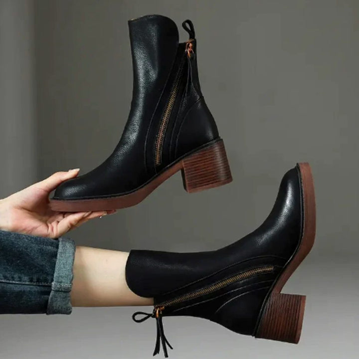 Women's Leather Block-Heel Side-Zip Ankle Boots - Black
