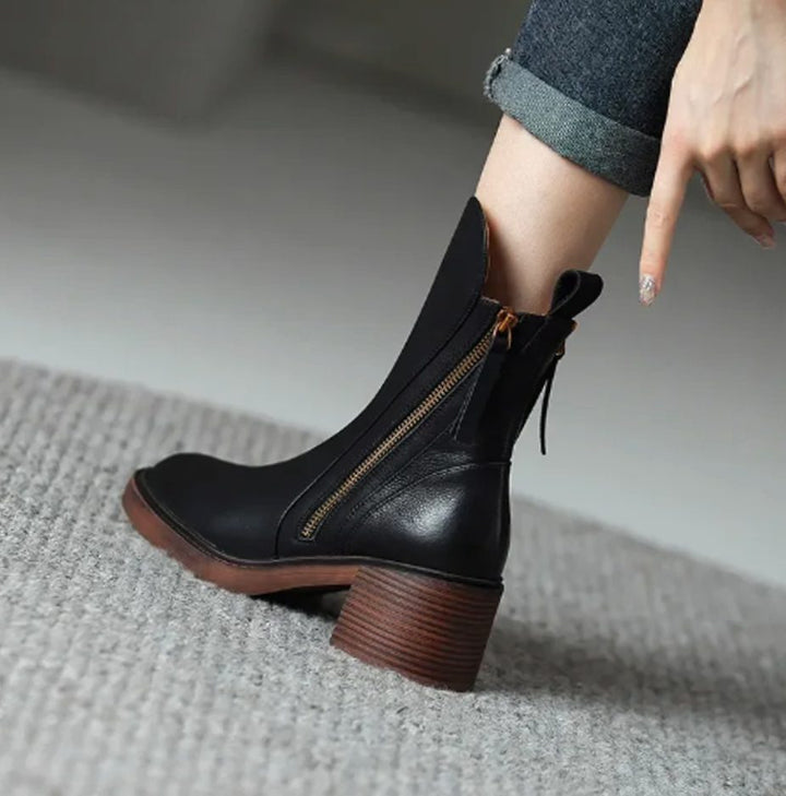 Women's Leather Block-Heel Side-Zip Ankle Boots