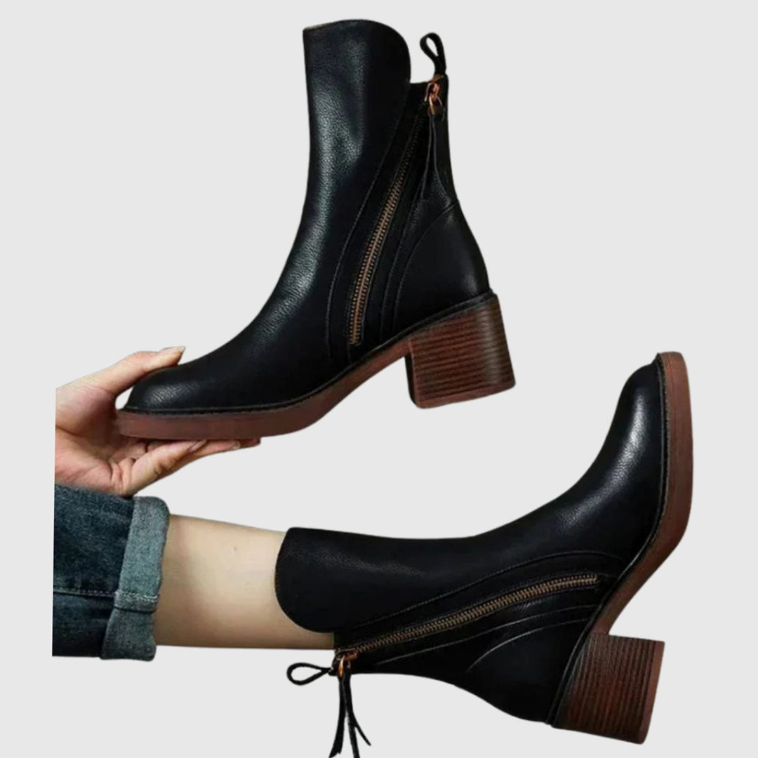 Women's Leather Block-Heel Side-Zip Ankle Boots, Black - Black