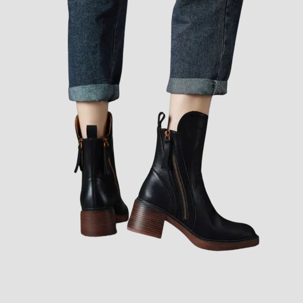 Women's Leather Block-Heel Side-Zip Ankle Boots, Black