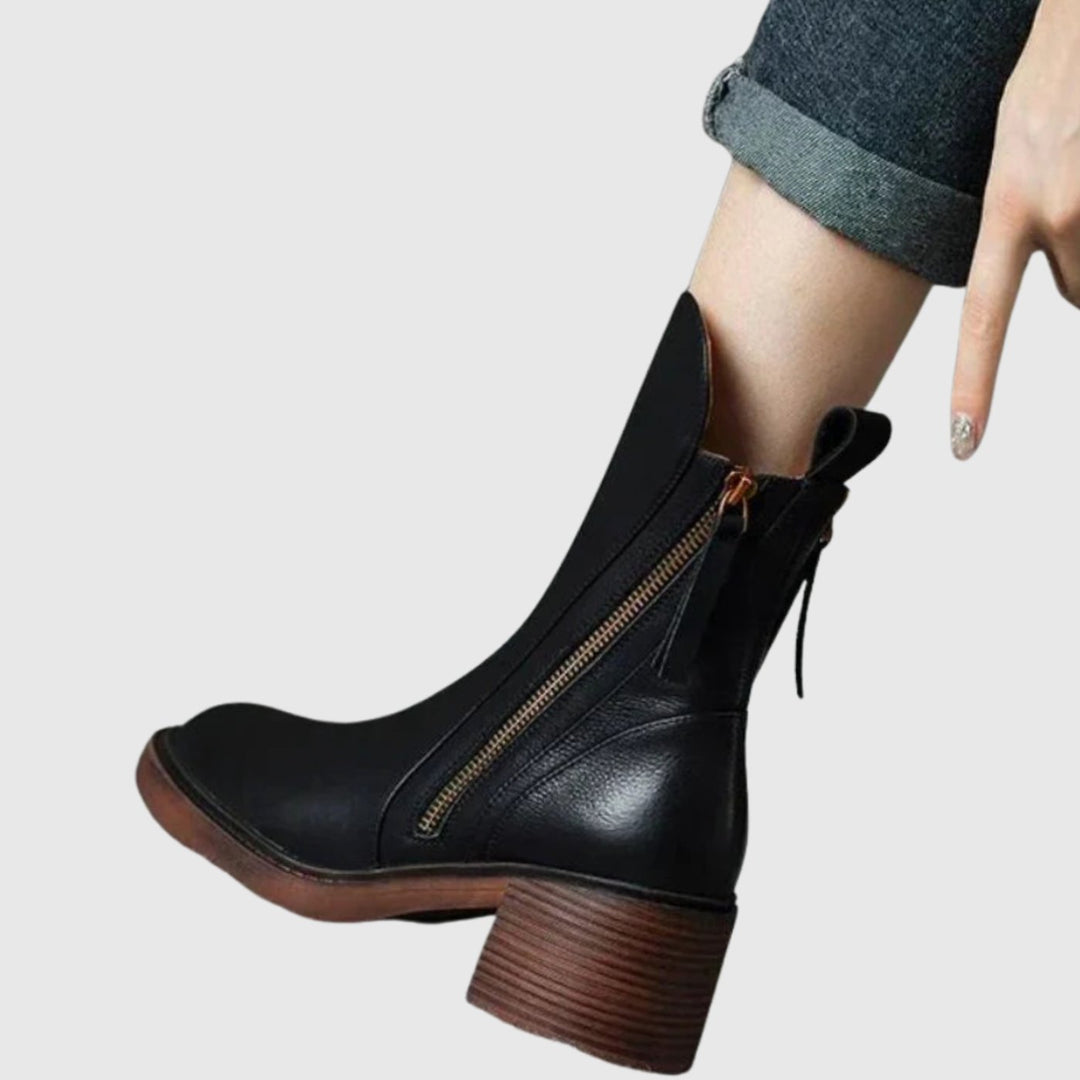 Women's Leather Block-Heel Side-Zip Ankle Boots, Black