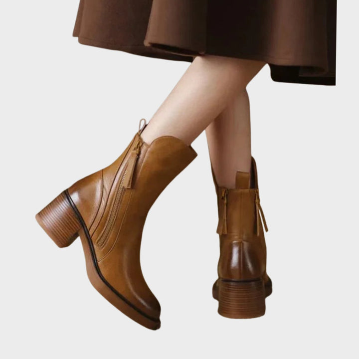 Women's Leather Block-Heel Side-Zip Ankle Boots, Black
