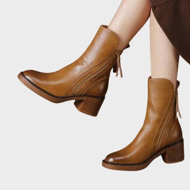 Women's Leather Block-Heel Side-Zip Ankle Boots, Black - Brown