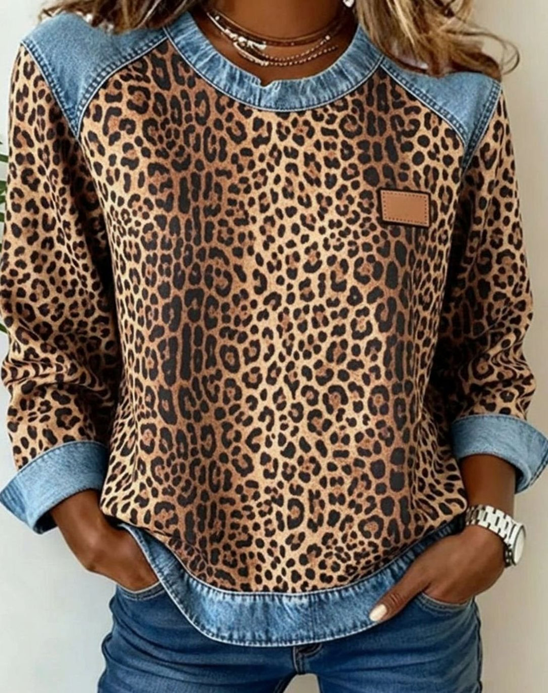 Women's Leopard Print Denim Patchwork Crew-Neck Pullover - Brown