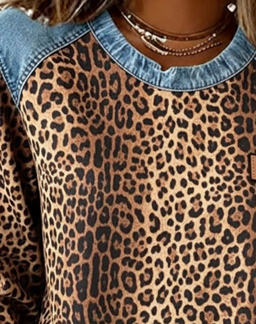 Women's Leopard Print Denim Patchwork Crew-Neck Pullover