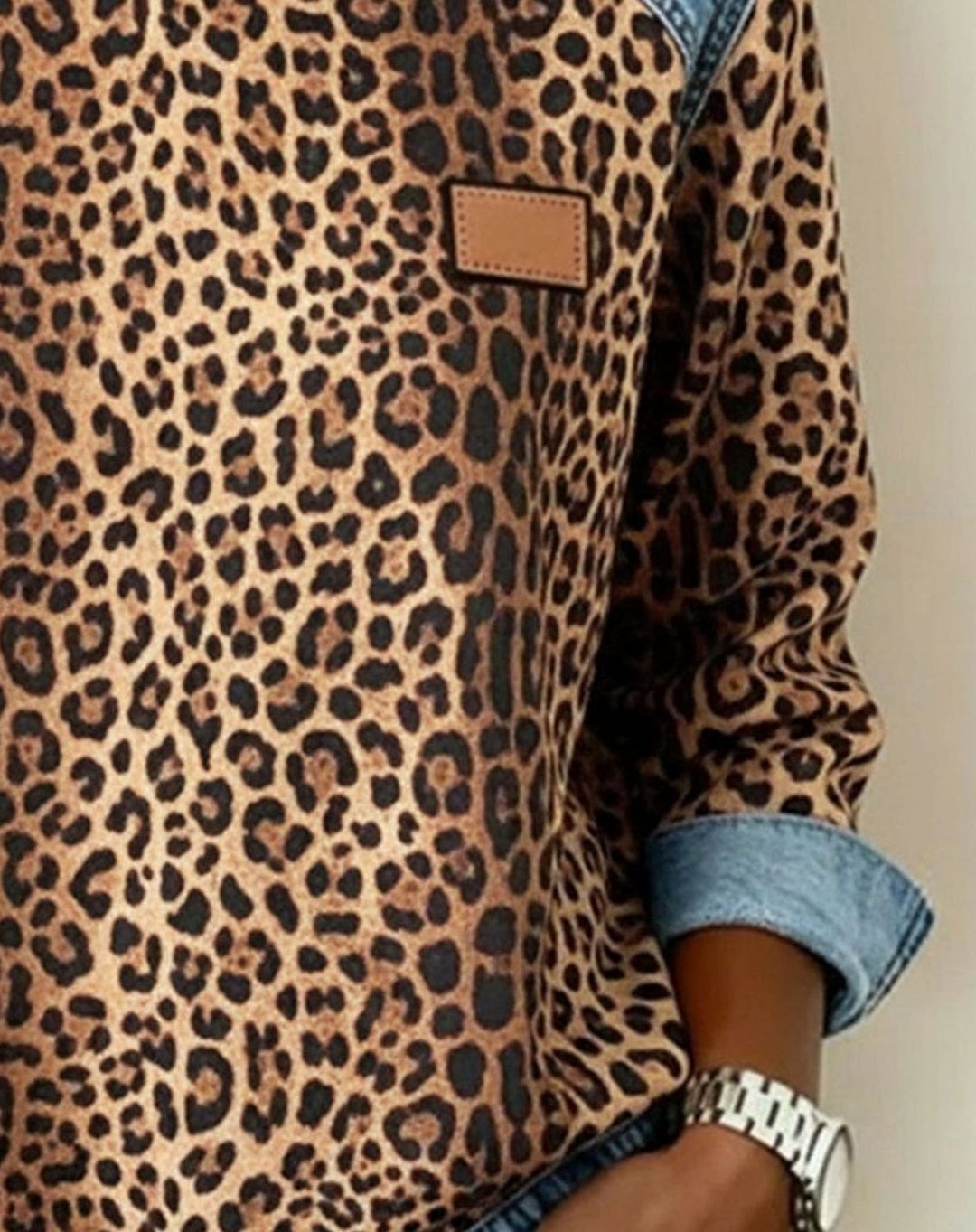 Women's Leopard Print Denim Patchwork Crew-Neck Pullover