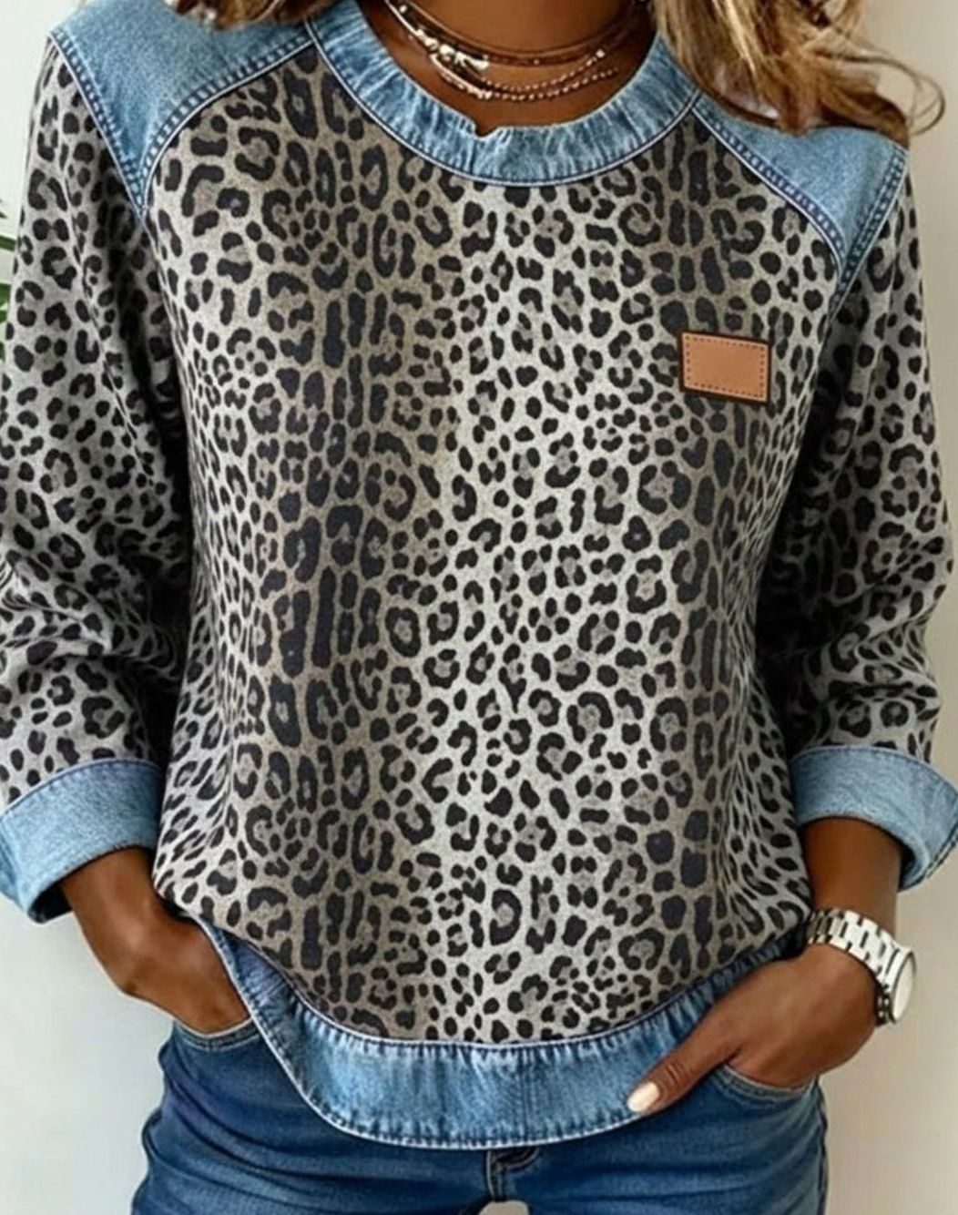 Women's Leopard Print Denim Patchwork Crew-Neck Pullover - Grey