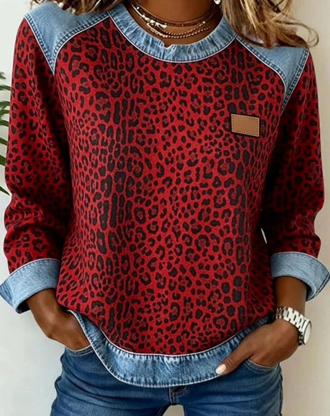 Women's Leopard Print Denim Patchwork Crew-Neck Pullover - Red